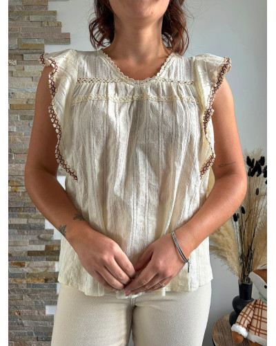 MANELLE | Blouse écrue volants et couture marron