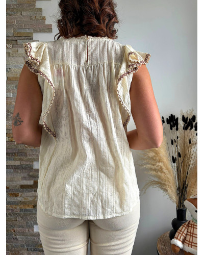 MANELLE | Blouse écrue volants et couture marron