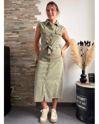 VIVIANE | Robe longue en jean kaki sans manche