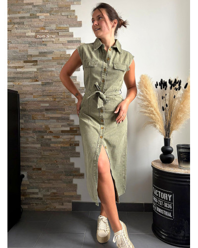 VIVIANE | Robe longue en jean kaki sans manche