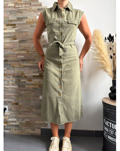 VIVIANE | Robe longue en jean kaki sans manche