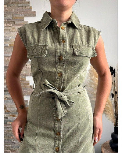 VIVIANE | Robe longue en jean kaki sans manche