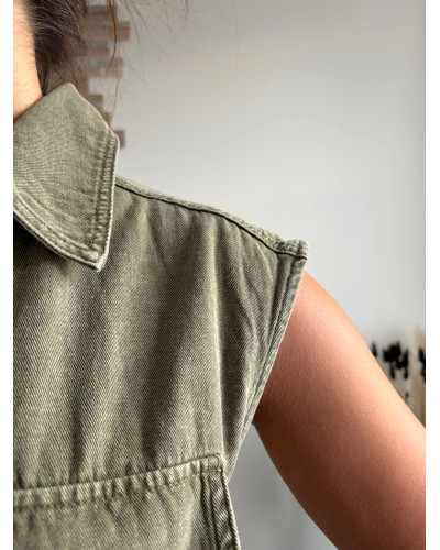 VIVIANE | Robe longue en jean kaki sans manche