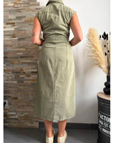 VIVIANE | Robe longue en jean kaki sans manche