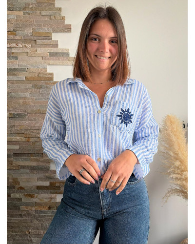 OPALINE | Chemise rayée gaze de coton broderie soleil