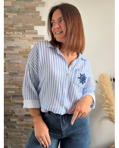 OPALINE | Chemise rayée gaze de coton broderie soleil