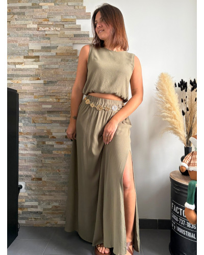 BRANDON | Ensemble top et jupe longue kaki
