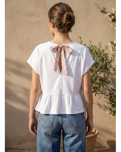 LILIO | Tee-shirt blanc peplum noeud liberty dans le dos