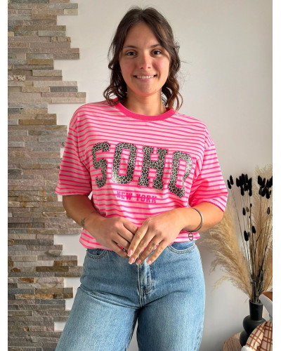PACOME | Tee-shirt rose rayé SOHO léopard