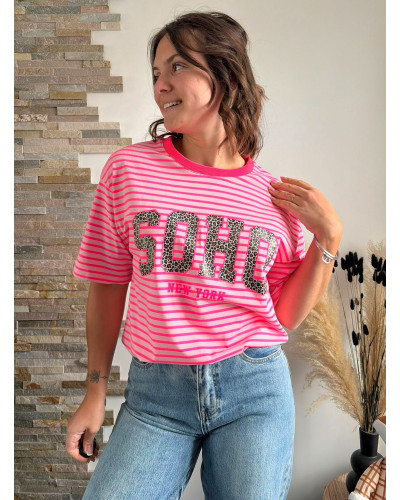 PACOME | Tee-shirt rose rayé SOHO léopard