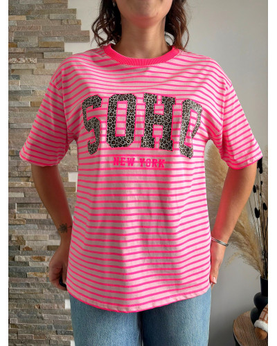 PACOME | Tee-shirt rose rayé SOHO léopard