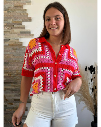ADRIEN | Gilet en crochet col polo rose rouge et orange