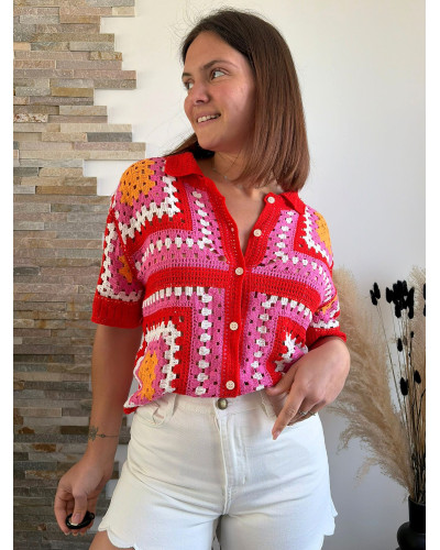 ADRIEN | Gilet en crochet col polo rose rouge et orange