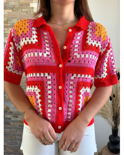 ADRIEN | Gilet en crochet col polo rose rouge et orange