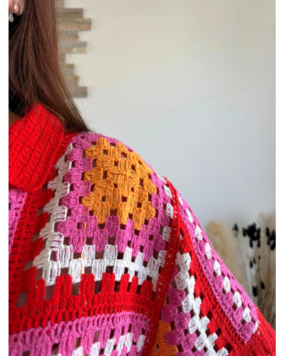ADRIEN | Gilet en crochet col polo rose rouge et orange