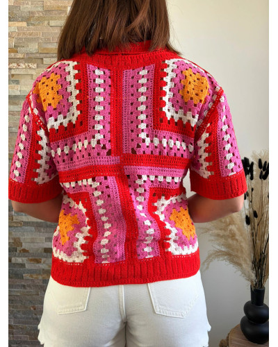 ADRIEN | Gilet en crochet col polo rose rouge et orange