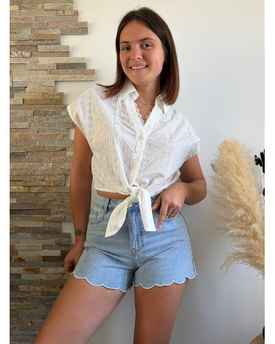 ANNE-LISE | Chemisette blanche en broderie avec noeud