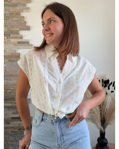ANNE-LISE | Chemisette blanche en broderie avec noeud