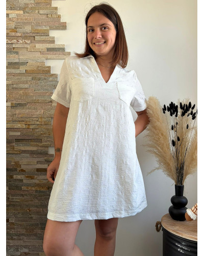 ALBA | Robe droite blanche col chemise avec broderie