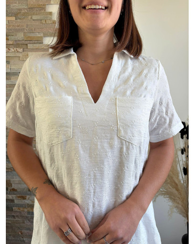 ALBA | Robe droite blanche col chemise avec broderie