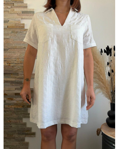 ALBA | Robe droite blanche col chemise avec broderie