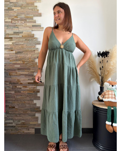 GINETTE | Robe longue kaki gaze de coton à bretelles