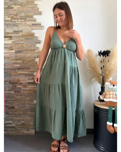 GINETTE | Robe longue kaki gaze de coton à bretelles