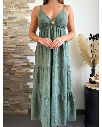 GINETTE | Robe longue kaki gaze de coton à bretelles
