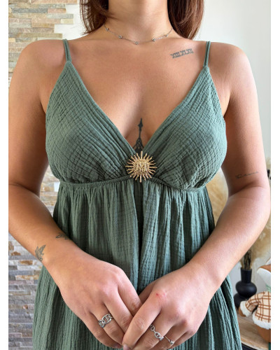 GINETTE | Robe longue kaki gaze de coton à bretelles