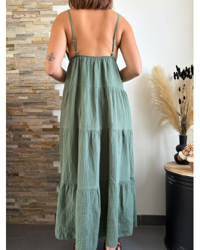 GINETTE | Robe longue kaki gaze de coton à bretelles