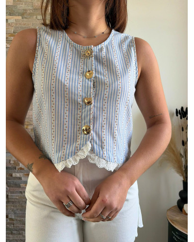 LEON | Top rayé bleu boutons dorés soleil et coeur