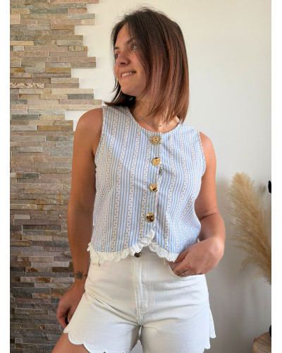 LEON | Top rayé bleu boutons dorés soleil et coeur