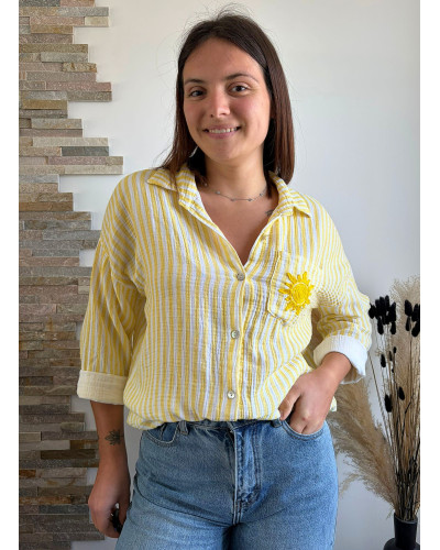 OPALINE | Chemise rayée jaune gaze de coton broderie soleil