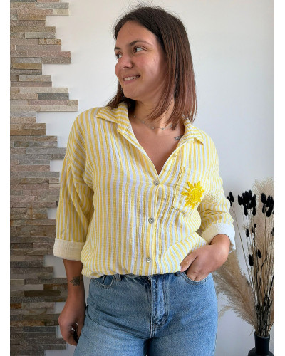 OPALINE | Chemise rayée jaune gaze de coton broderie soleil