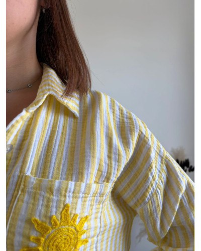 OPALINE | Chemise rayée jaune gaze de coton broderie soleil