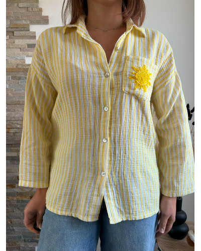OPALINE | Chemise rayée jaune gaze de coton broderie soleil