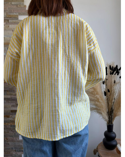 OPALINE | Chemise rayée jaune gaze de coton broderie soleil