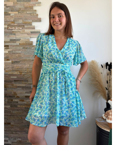 ROMY | Robe fleuri drapé à la taille vert d'eau