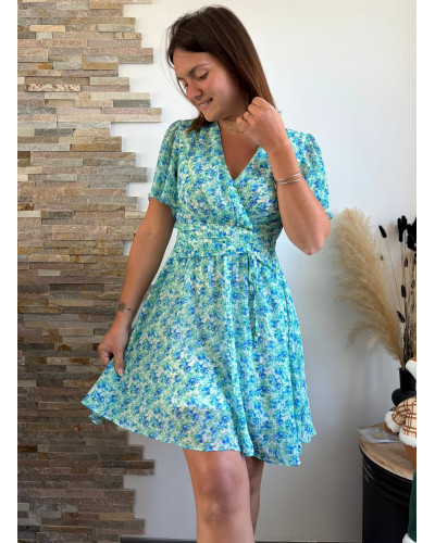 ROMY | Robe fleuri drapé à la taille vert d'eau