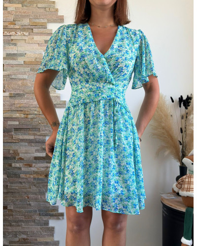ROMY | Robe fleuri drapé à la taille vert d'eau