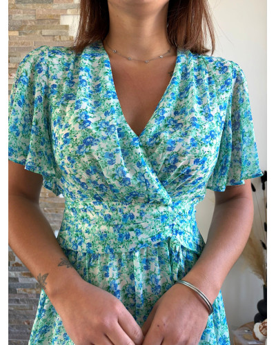 ROMY | Robe fleuri drapé à la taille vert d'eau