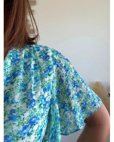 ROMY | Robe fleuri drapé à la taille vert d'eau