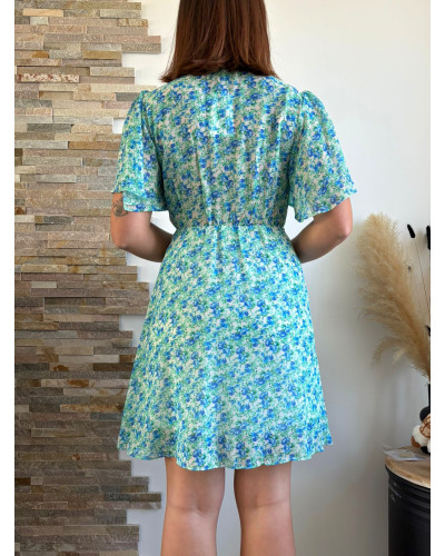 ROMY | Robe fleuri drapé à la taille vert d'eau