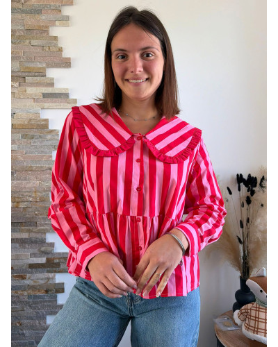 STEFANIA | Blouse rayée rouge & rose col claudine volantée
