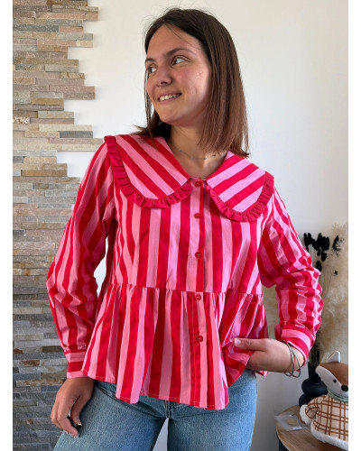 STEFANIA | Blouse rayée rouge & rose col claudine volantée