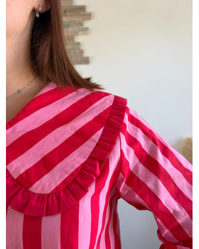 STEFANIA | Blouse rayée rouge & rose col claudine volantée