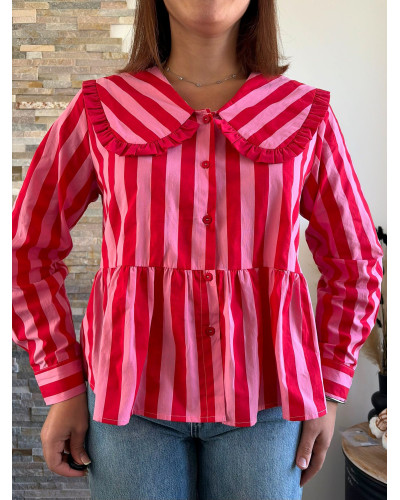 STEFANIA | Blouse rayée rouge & rose col claudine volantée