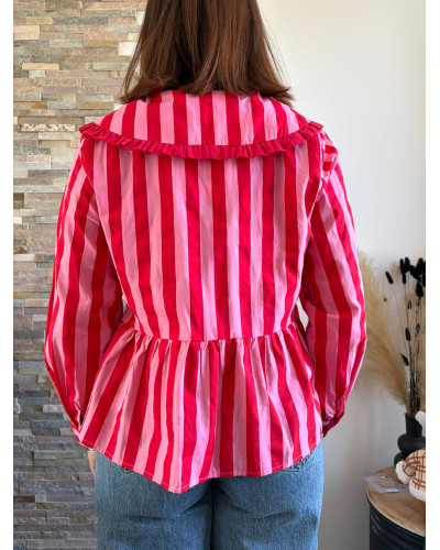 STEFANIA | Blouse rayée rouge & rose col claudine volantée