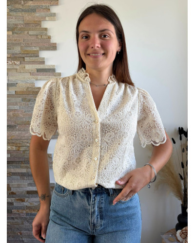 ROSELINE | Blouse manche courte brodée avec col volant