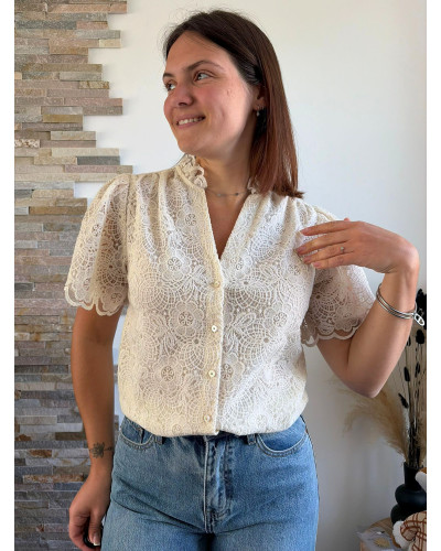 ROSELINE | Blouse manche courte brodée avec col volant